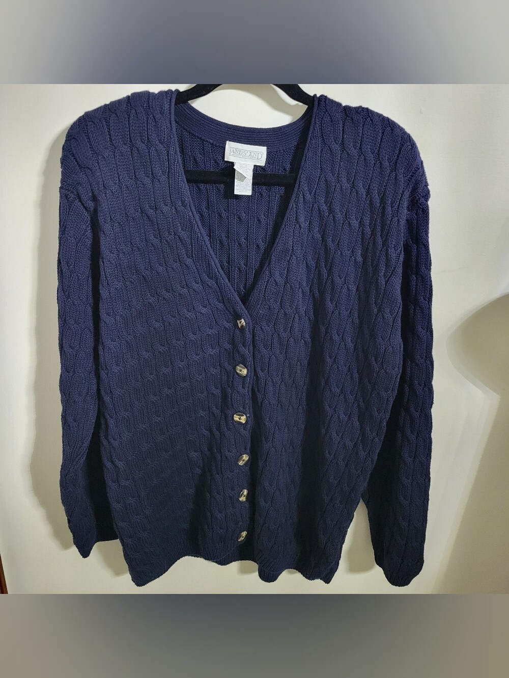 Vintage Lands' End Direct Merchants Cable Knit V-Neck Cardigan Sweater - Navy, L